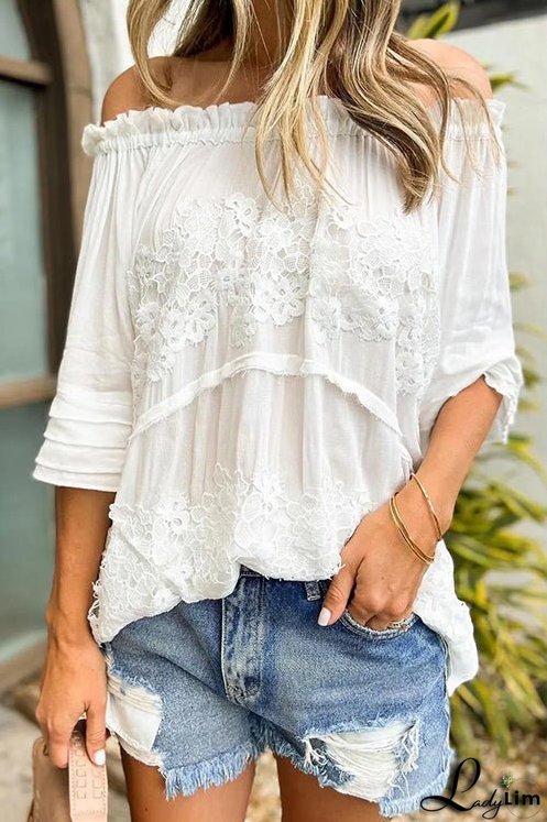 Off The Shoulder Flare Sleeve Crochet Tunic