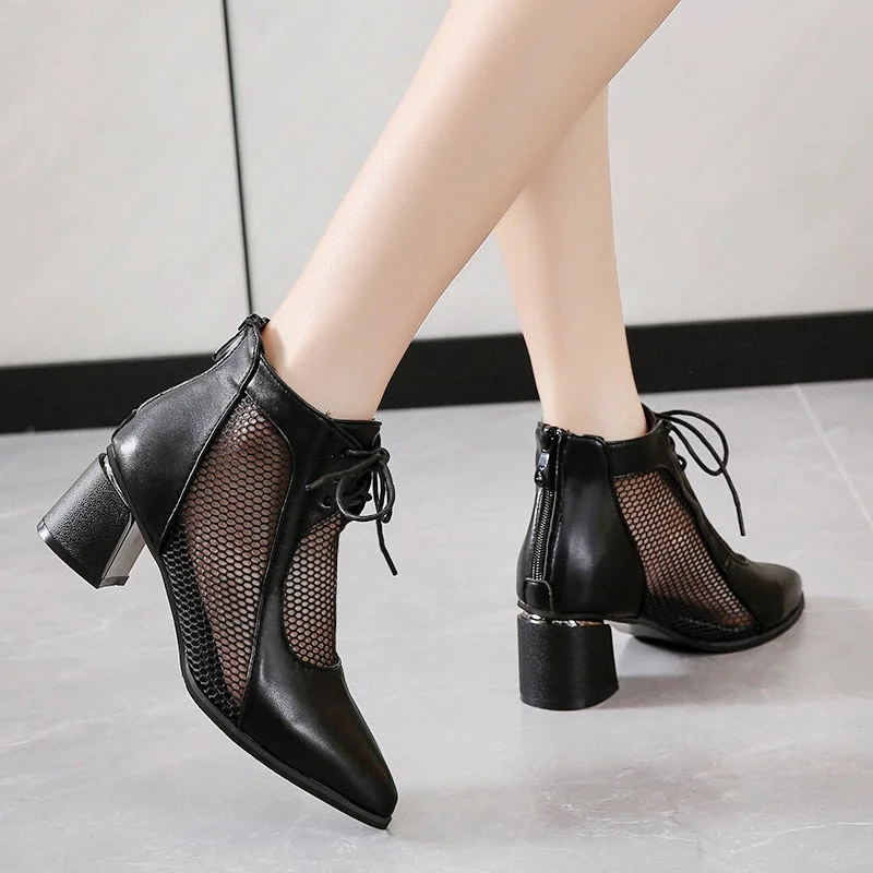 2022 Summer Sexy Black Ankle Boots For Women Mesh Breathable High Heels Botas De Mujer Pointed Toe Thick Heeled Sandals