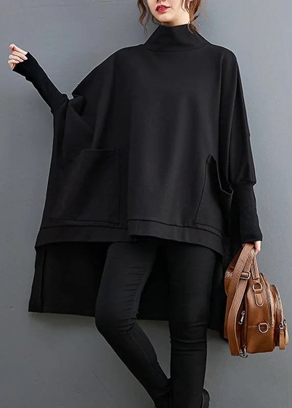 Plus Size Black Turtleneck Asymmetrical Pockets Low High Design Cotton Pullover Long Sleeve