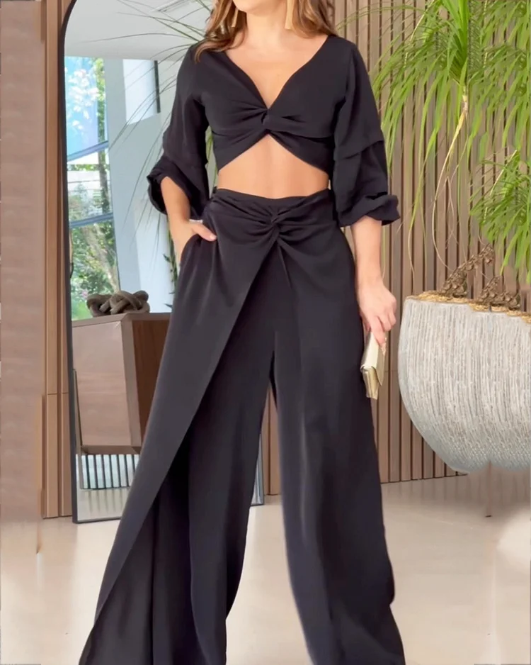 Casual V-neck Top & Pants Two-Piece Set