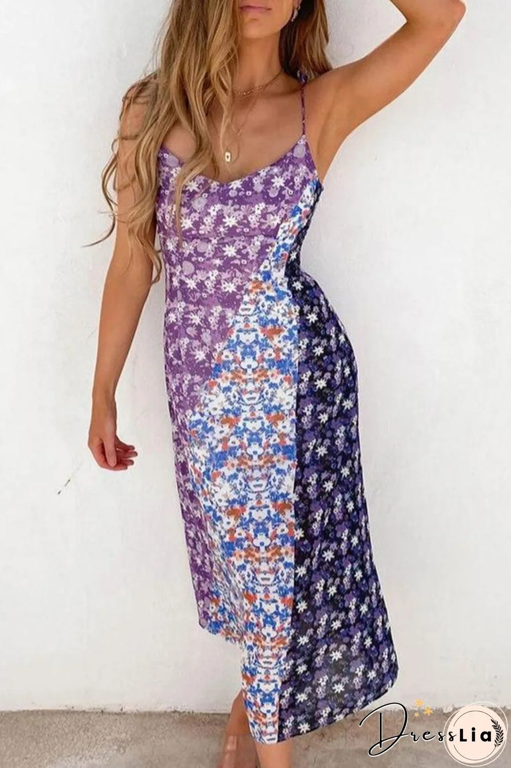 Fashion Street Print Split Joint Spaghetti Strap A Line Dresses