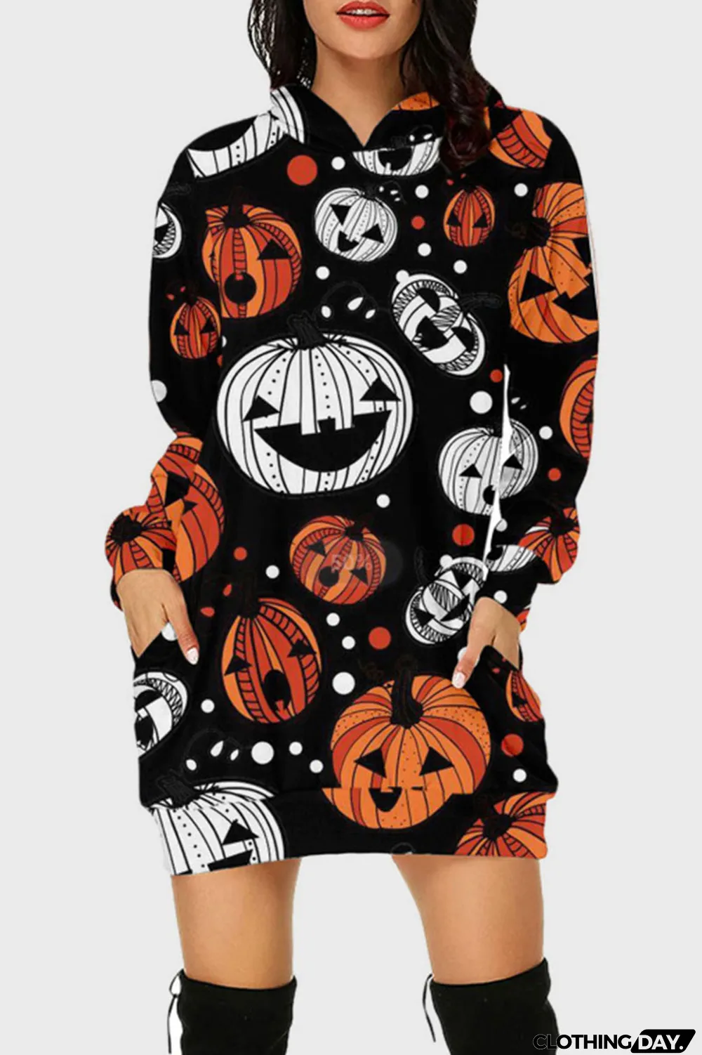 Black Street Print Split Joint Hooded Collar Long Sleeve Dresses