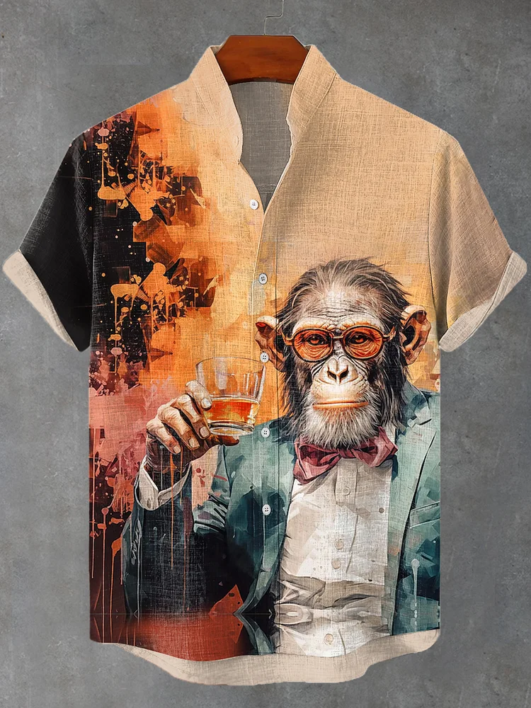 Men's Vintage Fun Gentleman Monkey Drinking Print Linen Blend Shirt