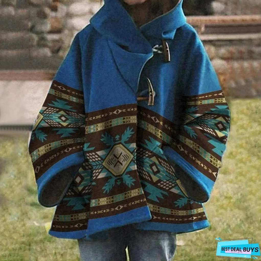Women's Winter Loose Retro Printed Woolen Colors Coats