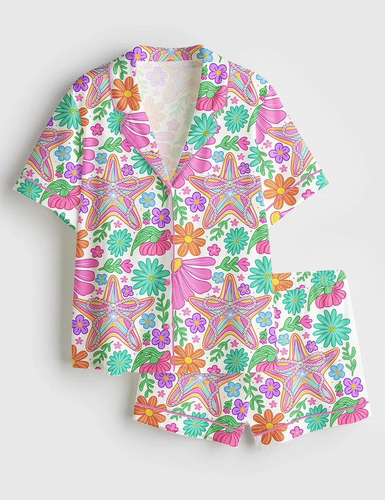 Women&rsquo;s Retro Floral Summer Preppy Starfish Ocean Summer Vibes Girly Summer Beach Print Short Sleeve Satin Pajama Set