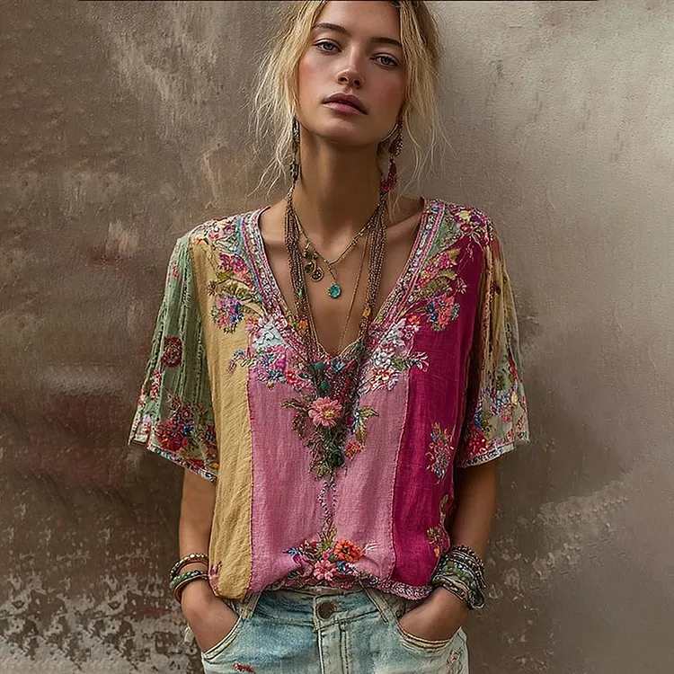 Women's Floral Embroidery Art Bohemian Colorblock Linen Blend V-neck T-shirt