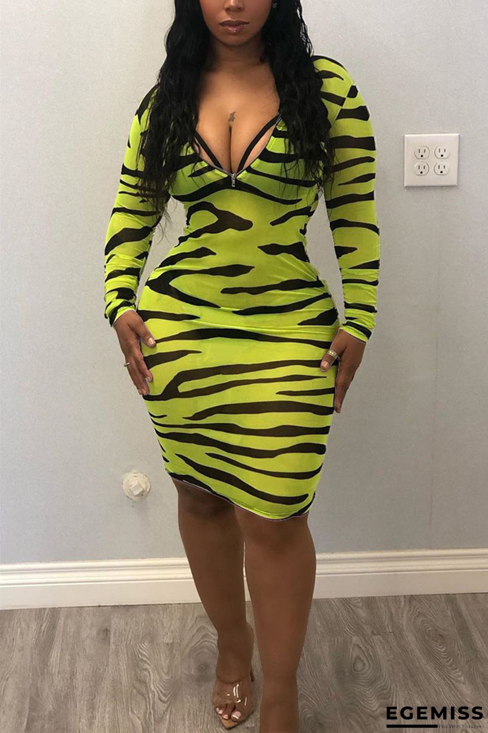 Yellow Green Fashion Sexy Regular Sleeve Long Sleeve Zipper Collar Printed Dress Knee Length Print Dresses | EGEMISS