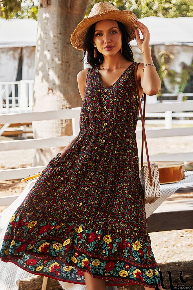 MidiSono - Bohemian V-Neck Printed Gathered Waist Midi Dress