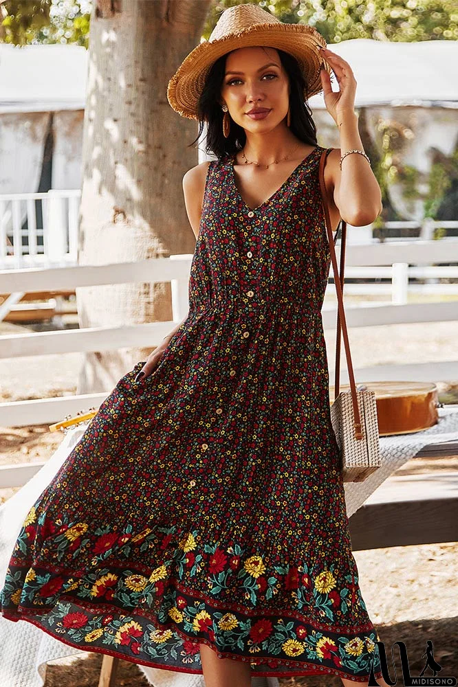 MidiSono - Bohemian V-Neck Printed Gathered Waist Midi Dress