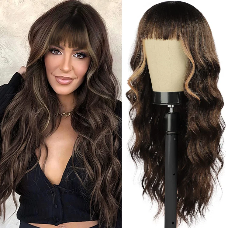 Ins Hot Brown Wig With Bangs Long Wavy Wig