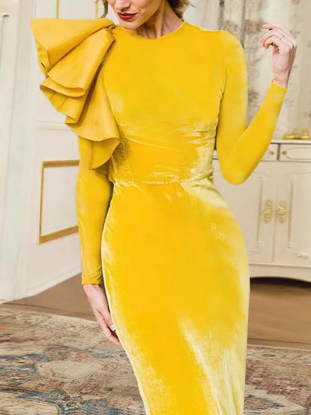 Round neck long-sleeved ruffled evening dress-zachics