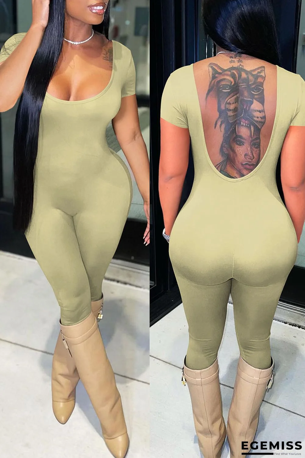 Green Sexy Solid Patchwork Backless U Neck Regular Jumpsuits | EGEMISS