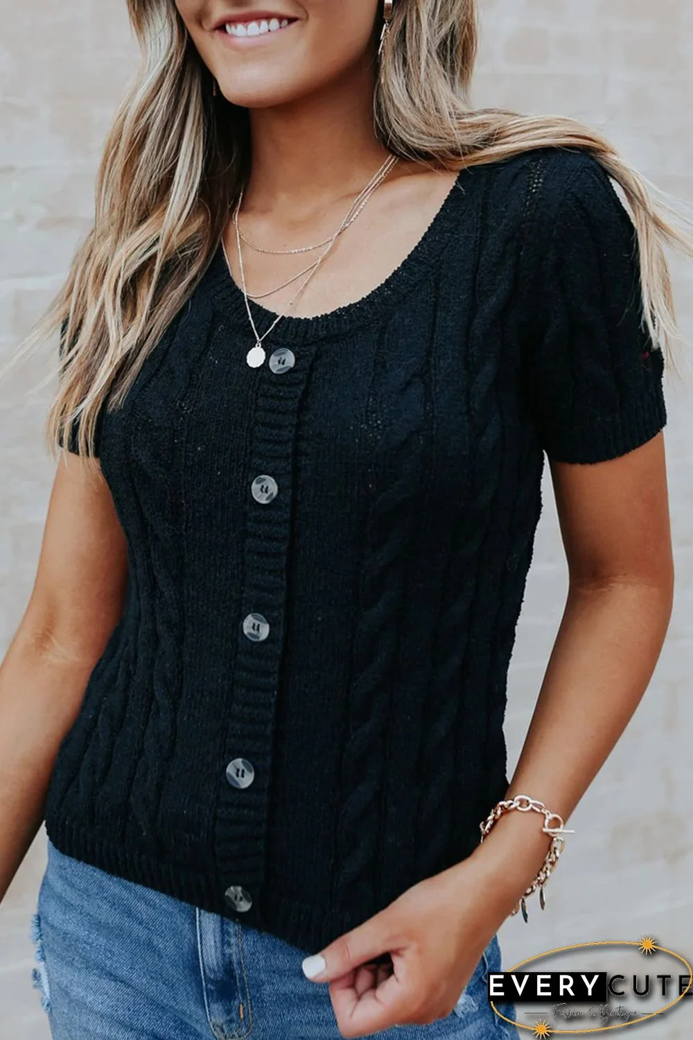 Black Cable Knit Short Sleeve Top with Buttons