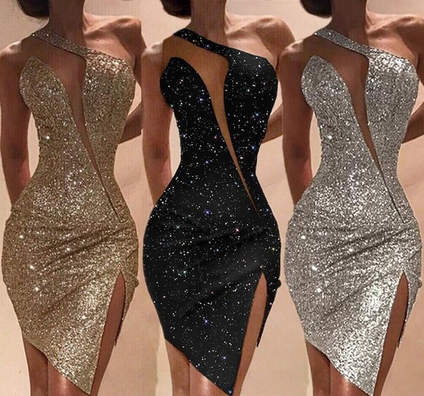 Women Fashion Glitter Sexy One Shoulder Mesh Patchwork Slit Dress - BlackFridayBuys