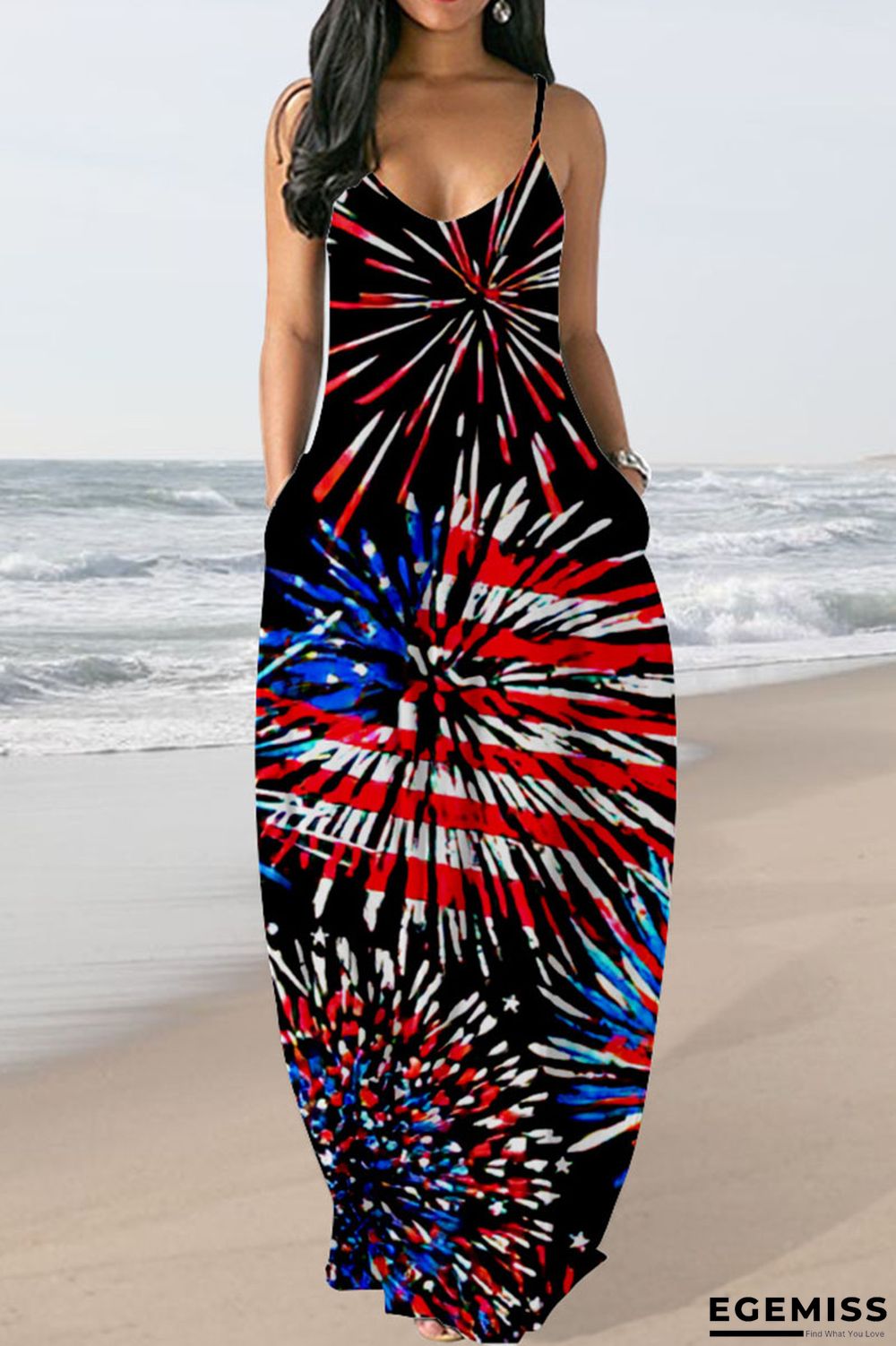 Black Red Fashion Sexy Print Backless Spaghetti Strap Long Dress | EGEMISS