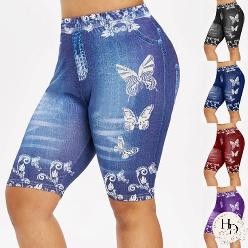 Women's Fashion 3D Print Denim Sport Leggings Plus Size Jeggings Yoga Shorts Leggings