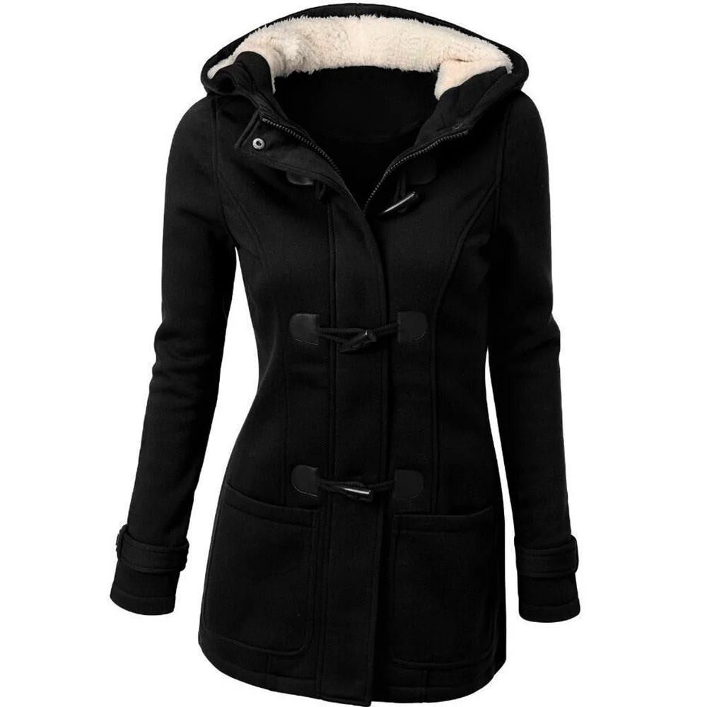 Fashion Casual Winter Warm Slim Hooded Jackets Coat Outwear Horn Button Overcoat Autumn Women Long Coat