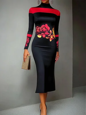 Image of Bodycon Long Sleeves Flower Print High Neck Midi Dresses