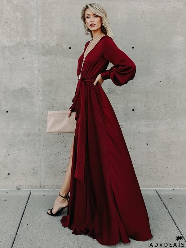 V-neck Long Sleeves Belted Maxi Dress