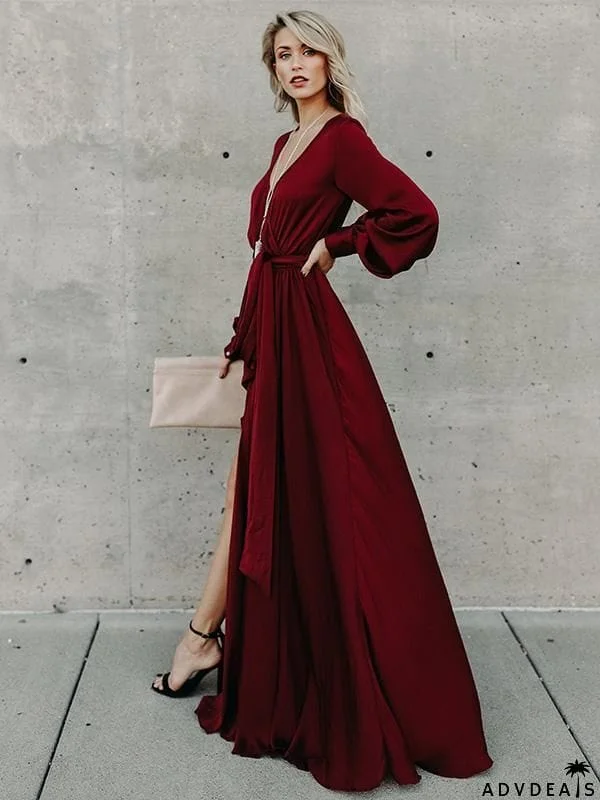 V-neck Long Sleeves Belted Maxi Dress