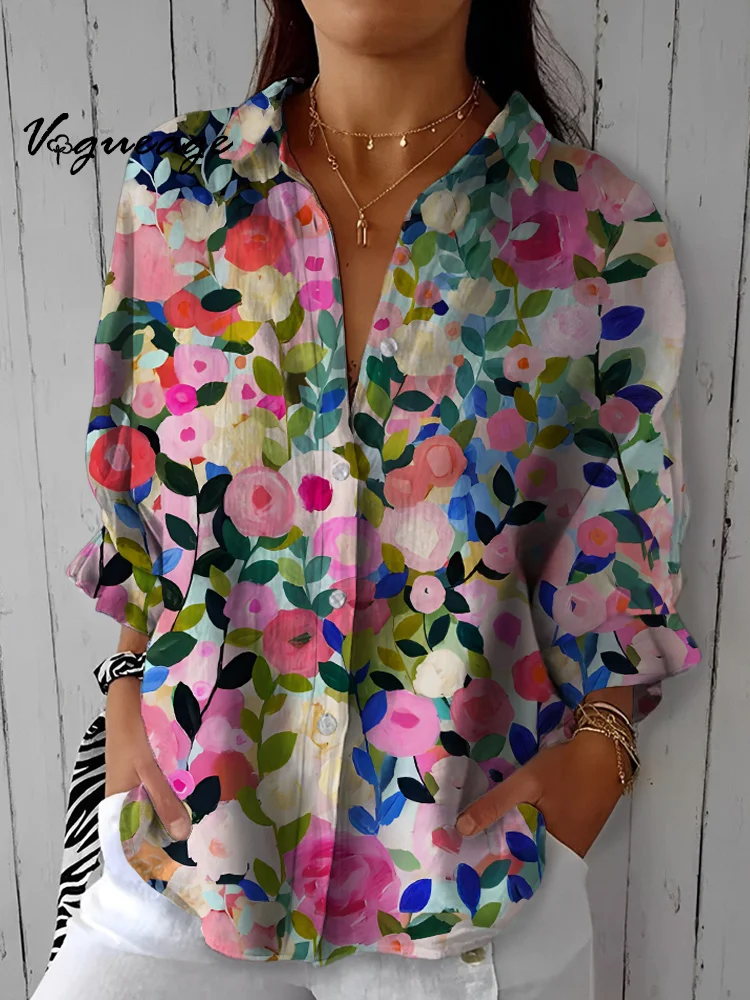 Beautiful Watercolor Flowers Printed Three-Quarter Sleeves Cotton And Linen Shirt