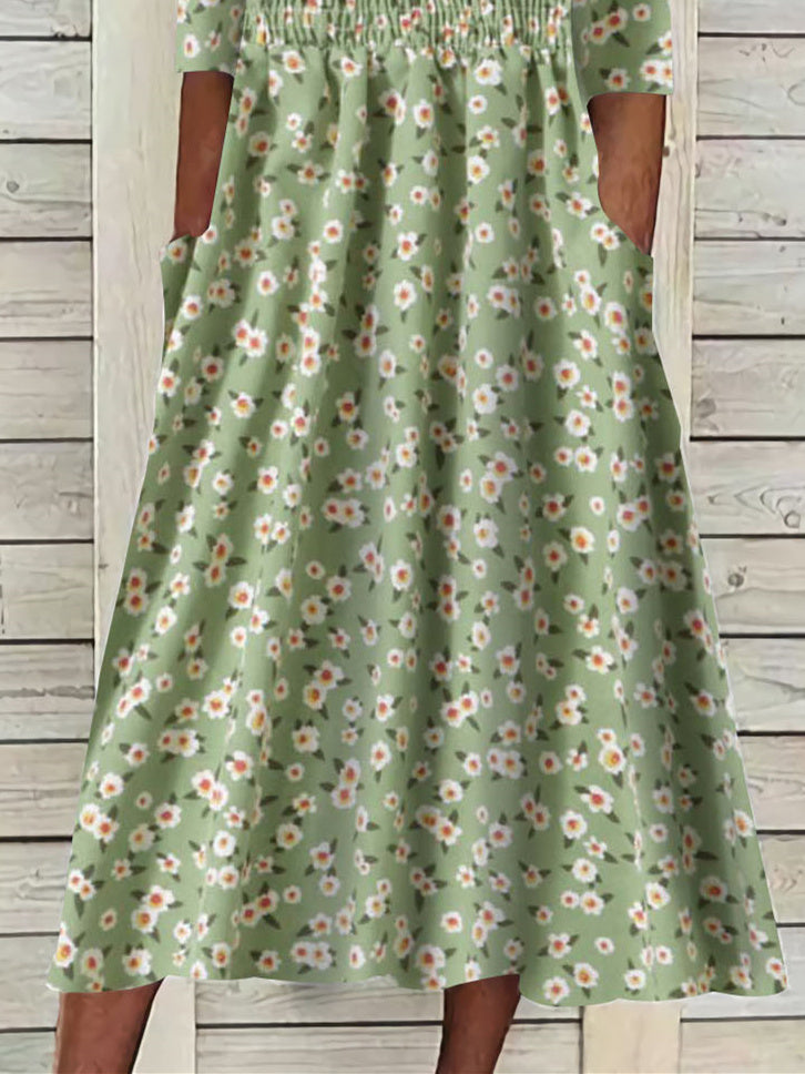 Women Half Sleeve V-neck Solid Color Dress