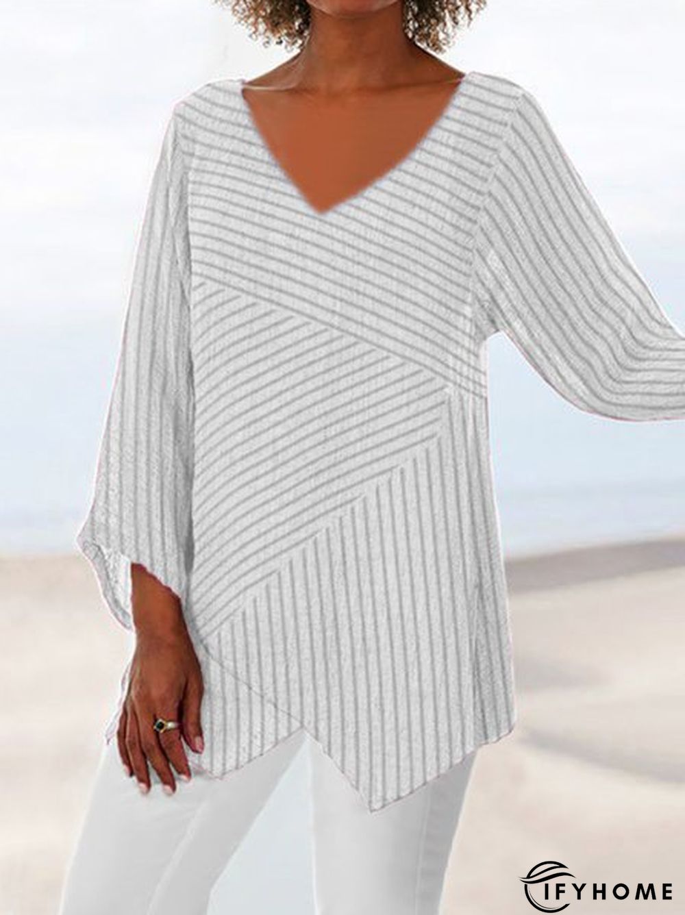 Striped Long Sleeve V Neck Cotton-Blend Tops | IFYHOME