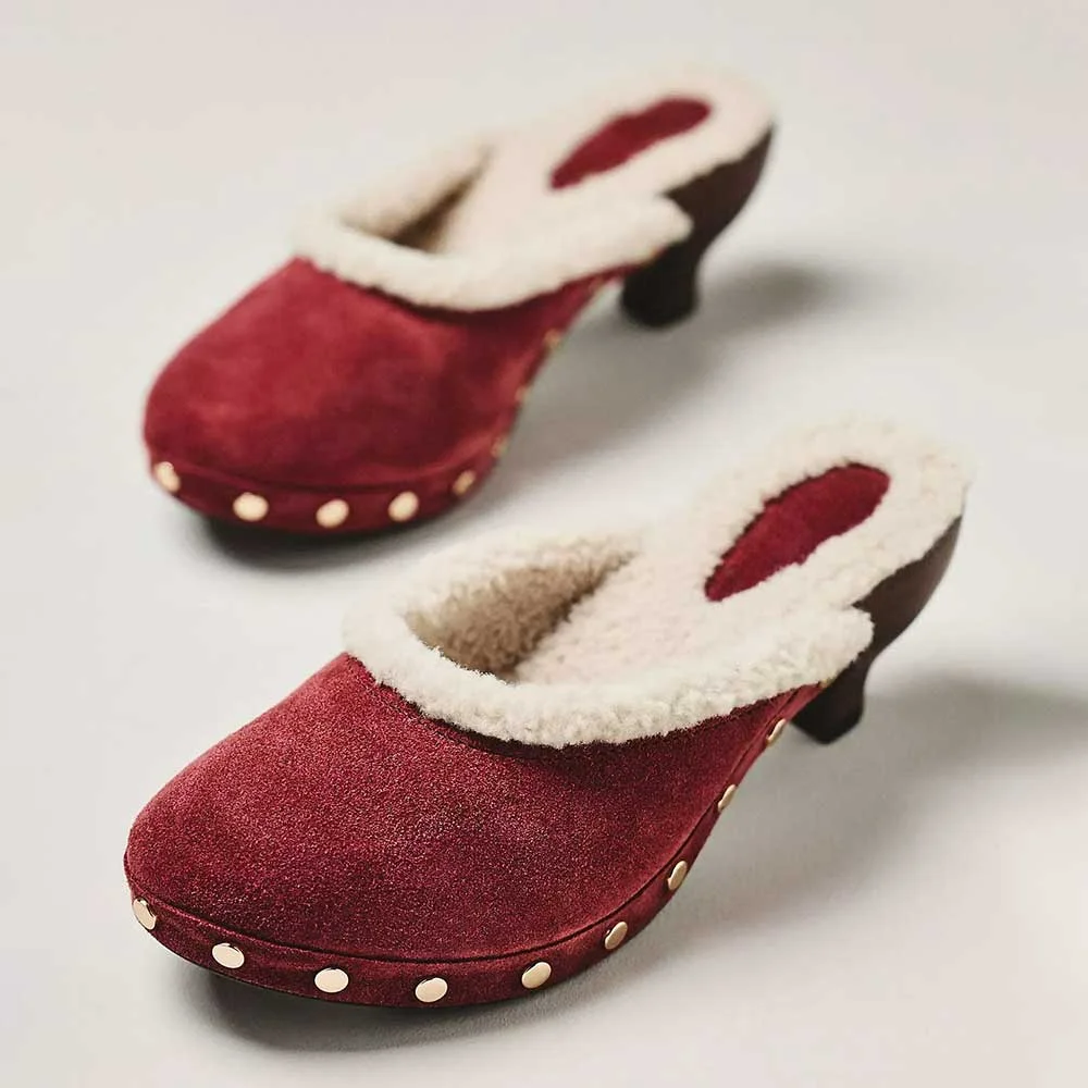 Maroon Round Toe Mid Heel Studded Furry Platform Women's Mules Shoes
