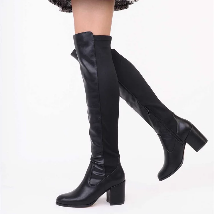 Black Block Heel Long Boots Over the Knee Boots |FSJ Shoes