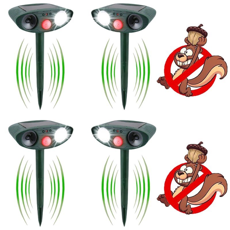 Ultrasonic Squirrel Repeller - PACK of 4 - Solar Powered - Get Rid of Squirrels in 48 Hours