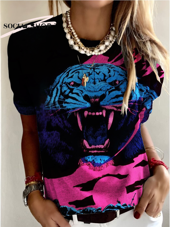 Pink Tiger Street Rock Round Neck Long Sleeve Top socialshop