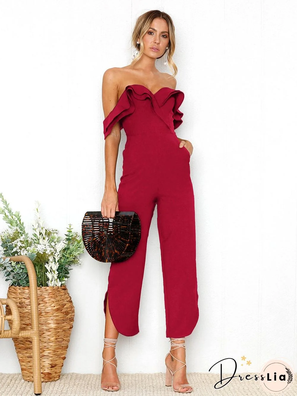 Black Sleeveless Plain Casual Off Shoulder Zip Back Jumpsuit