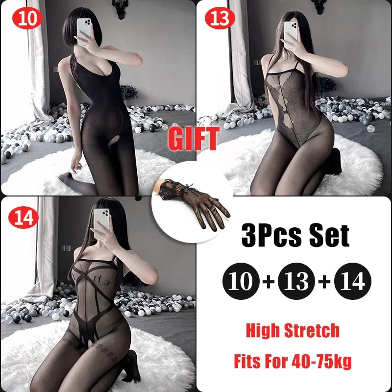 OJBK 3Pcs Sexy Lingerie Set Open Crotch Stretch Mesh Body Stockings 15 Style Teddies Bodysuit Erotic Outfit Plus Size Underwear