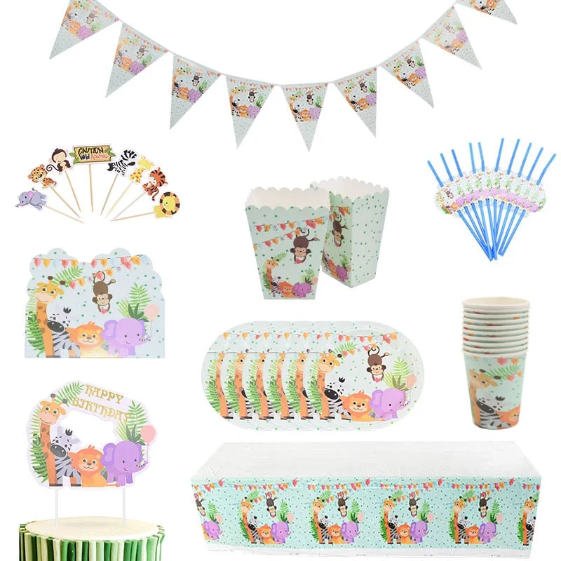 Safari Party Cartoon Animal Disposable Tableware Paper Cup Plate Tablecloth Kids Birthday Party Decoration Jungle Party Supplies
