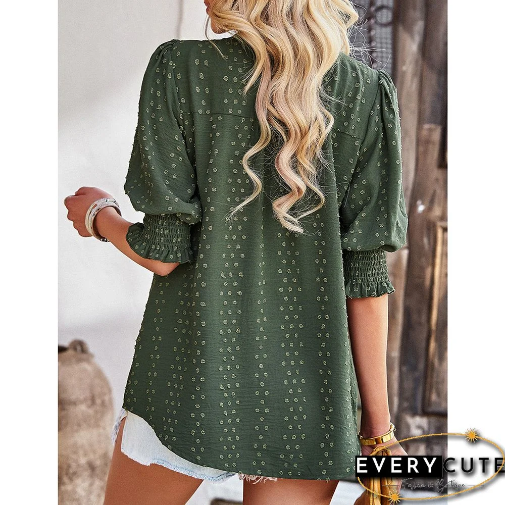 Green V Neck Jacquard Half Sleeve Blouse
