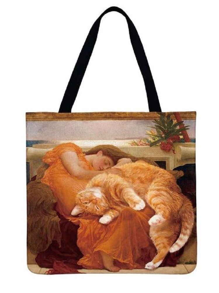 Linen tote bag-Girl and cat