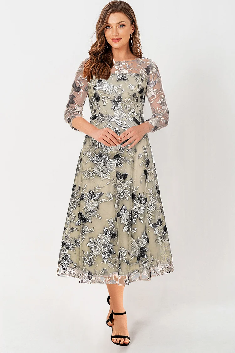 Flycurvy Plus Size Mother Of The Bride Beige Mesh Floral Embroidery A-Line 3/4 Sleeve Tunic Tea-Length Dress  Flycurvy [product_label]