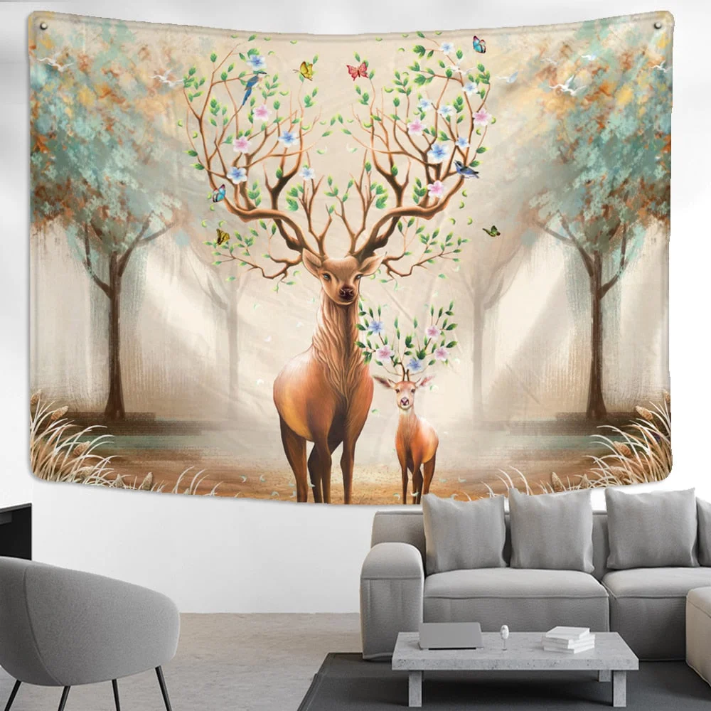 Elk Head Oil Painting Tapestry Wall Hanging Bohemian Style Psychedelic Witchcraft Art Cartoon Home Decor
