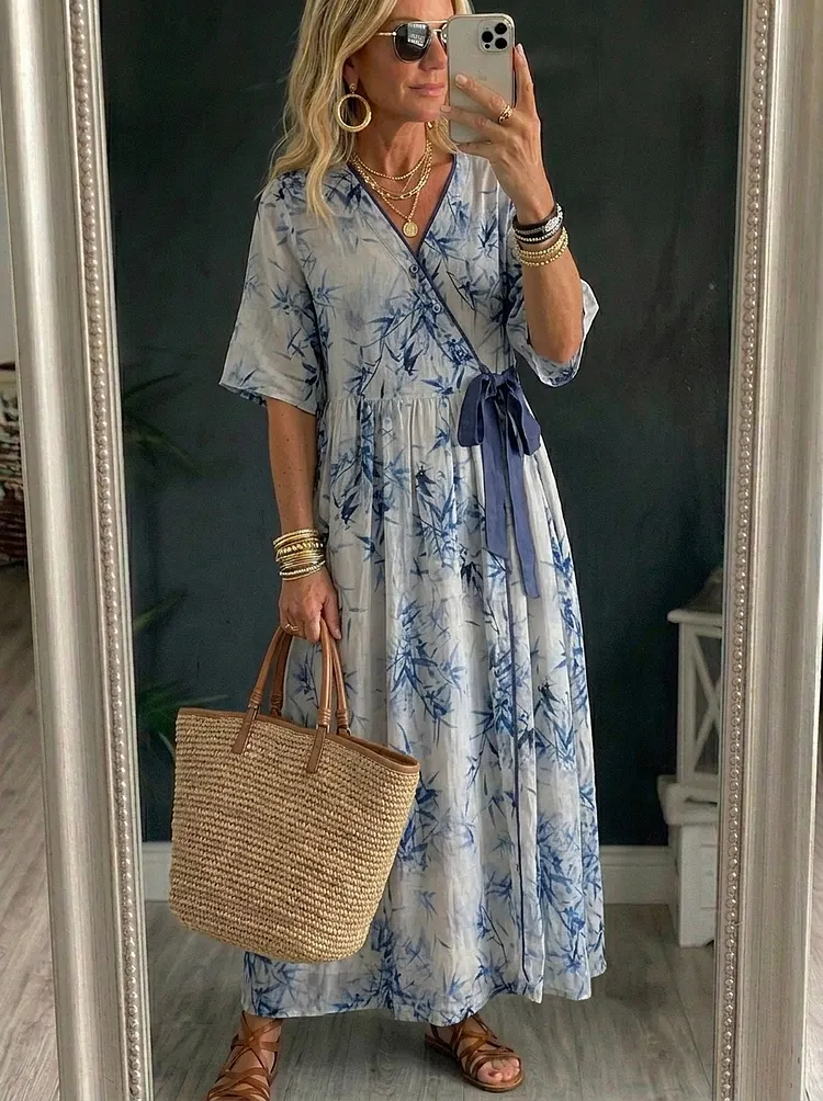 Women&rsquo;s Casual Bamboo Leaf Print Shawl Collar Maxi Dress