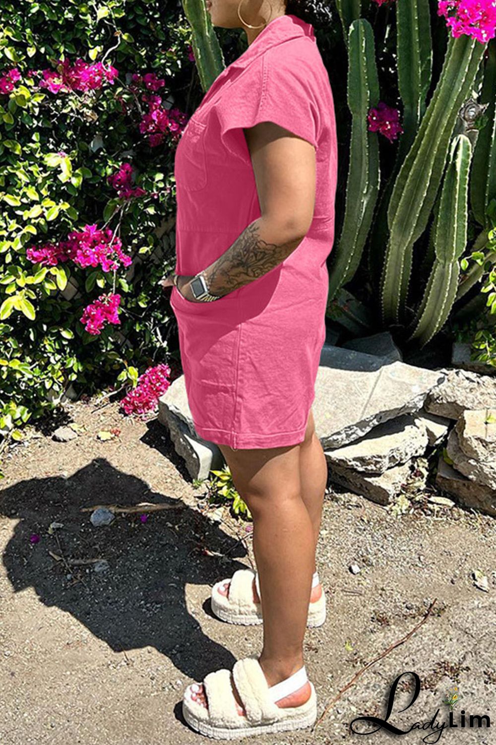 Pink Fashion Casual Solid Patchwork Turndown Collar Regular Romper