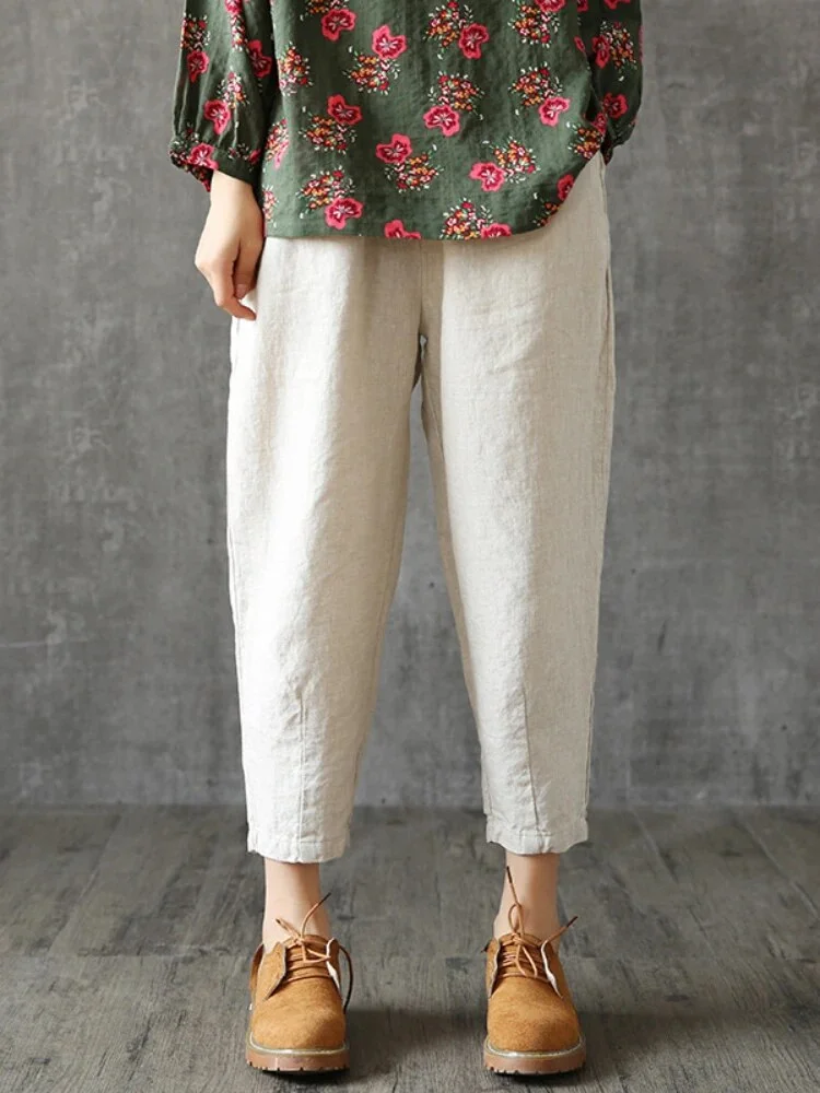 Brownm Fashion Ladies' Cotton and Linen Cropped Pants In Summer Retro Literary Linen Loose Temperament Casual Radish Pants