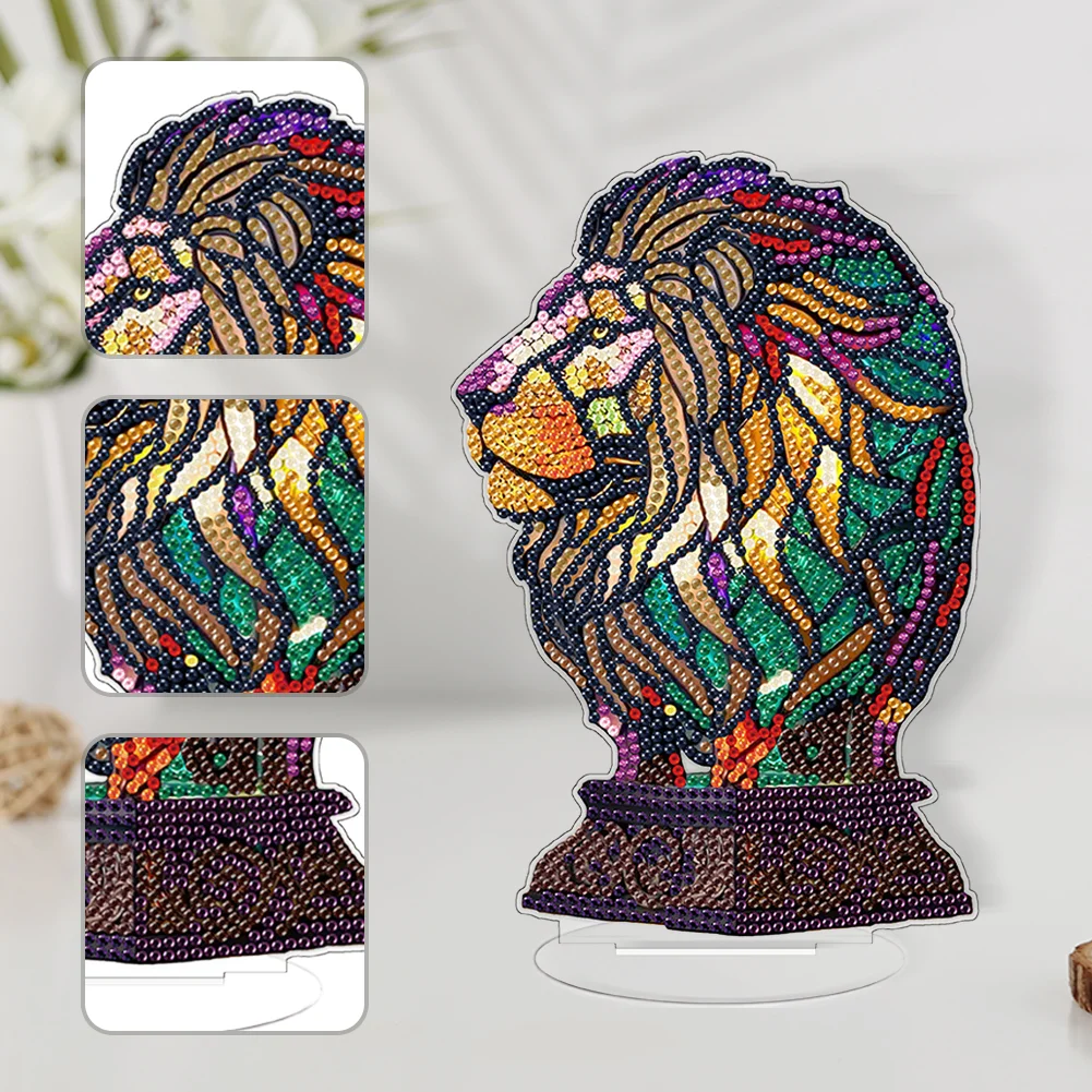 DIY Lion Acrylic Single-Sided Diamond Painting Desktop Decoration with Light for Office Desktop Decor