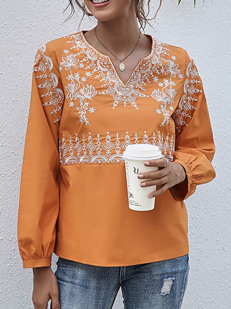 Flower Embroidery V neck Long Sleeve Women Vintage Blouse P1858148