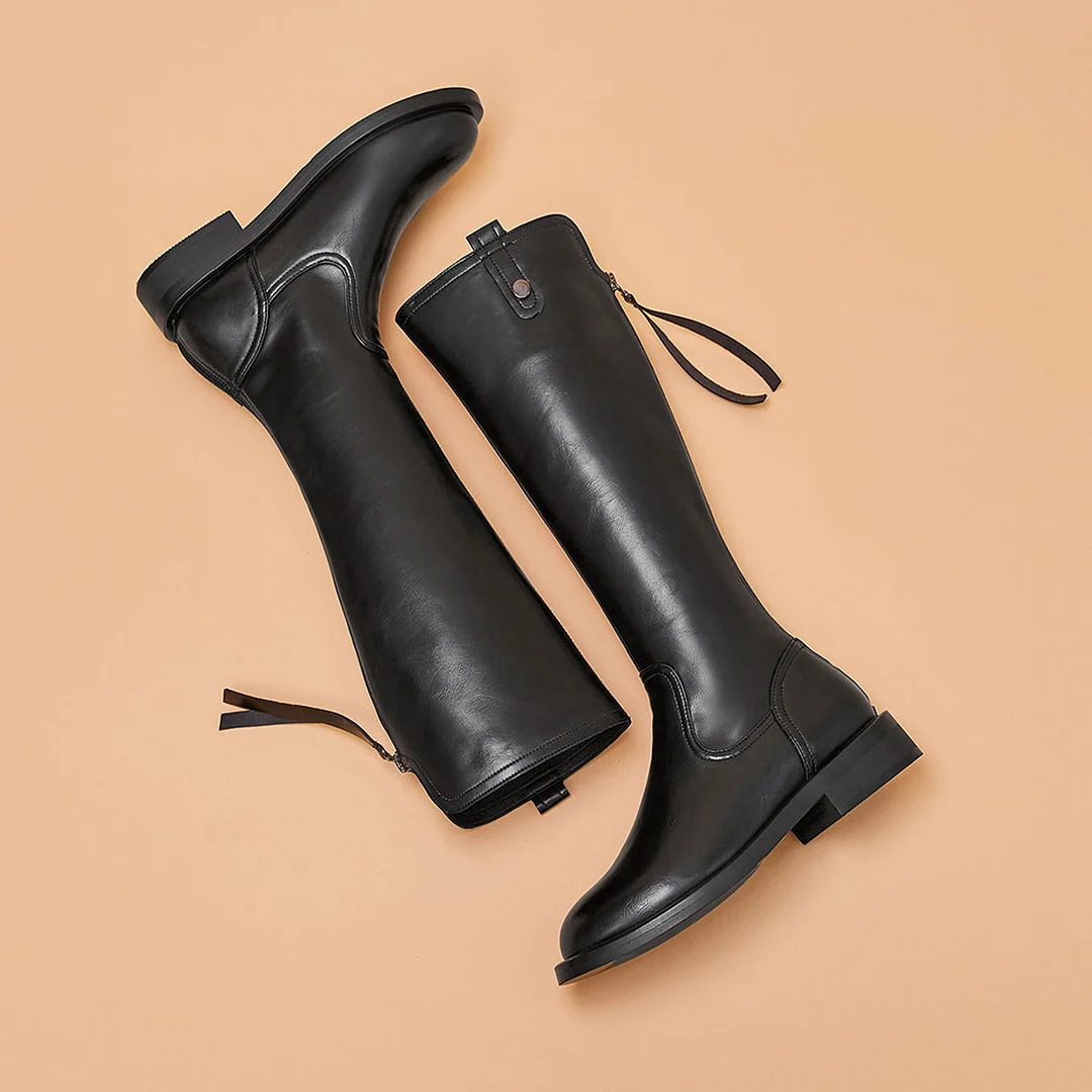 Classic Black Round Toe Zipper Knee High Flat Riding Boots for Women