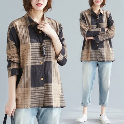 Spring New Arts Style Women Long Sleeve Turn-down Collar Loose Shirts Cotton Plaid Casual Blouses Femme Big Size Tops M542