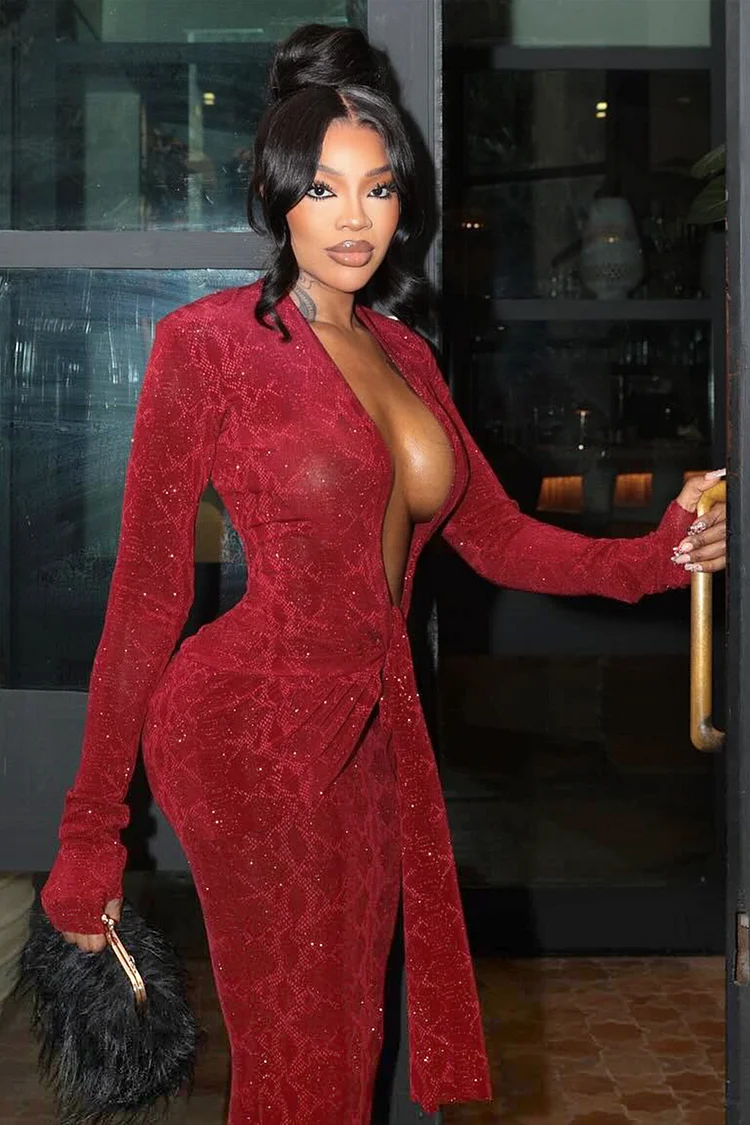 Glitter Snake Print Sash Deep V Neck Gowns Maxi Dresses-Burgundy