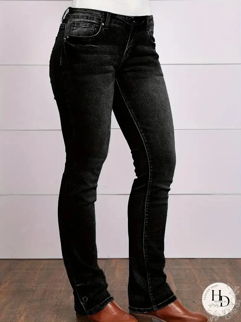 Vintage Embroidered Patchwork Bootcut Button Side Split Denim Jeans