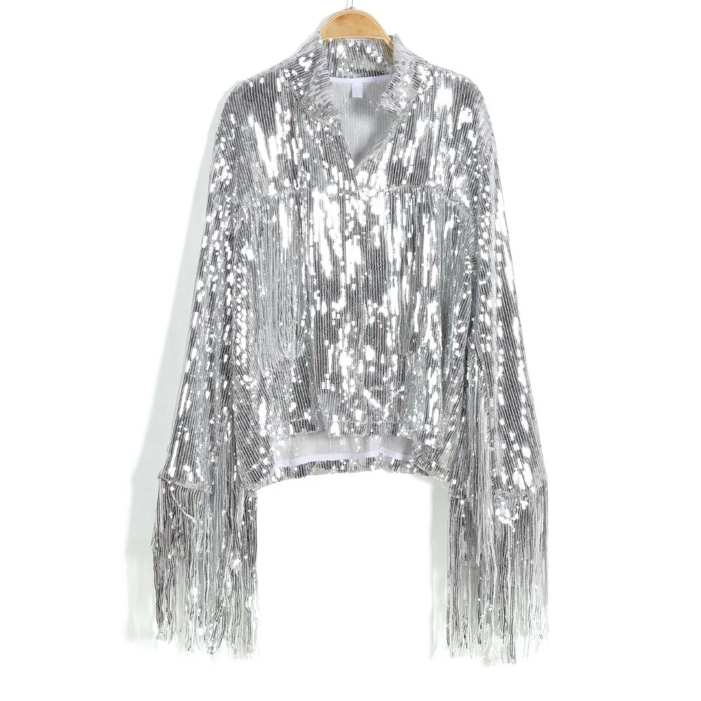 Women's Tassel Sequin Jacket 2020 Autumn Winter Streewear Rock BF Retro Long-sleeved Silver Reflective Jacket Women Outwear Tops 1023