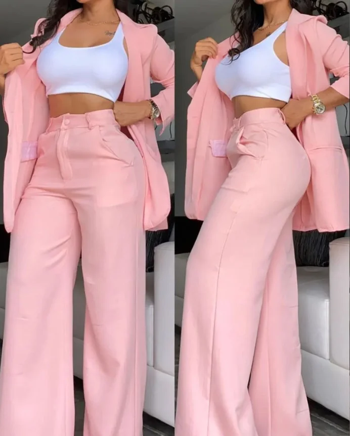 Brownm Brownm Women's Temperament Elegant Solid Color Open Slit Sleeve Lapel Suit Bag Straight Pants Suit