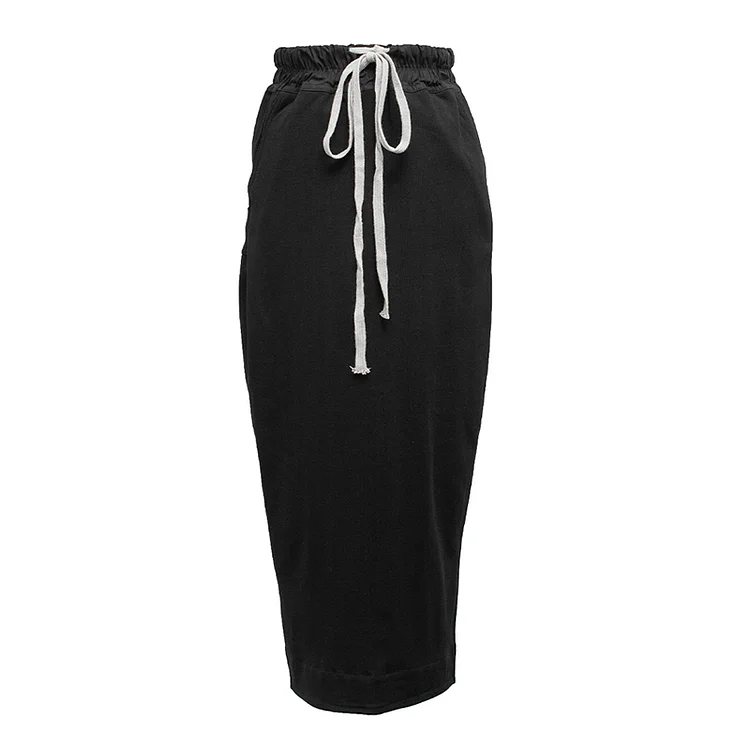 Casual Solid Color Elastic Waist Lacing Hip Wrap Rear Slit Skirt  